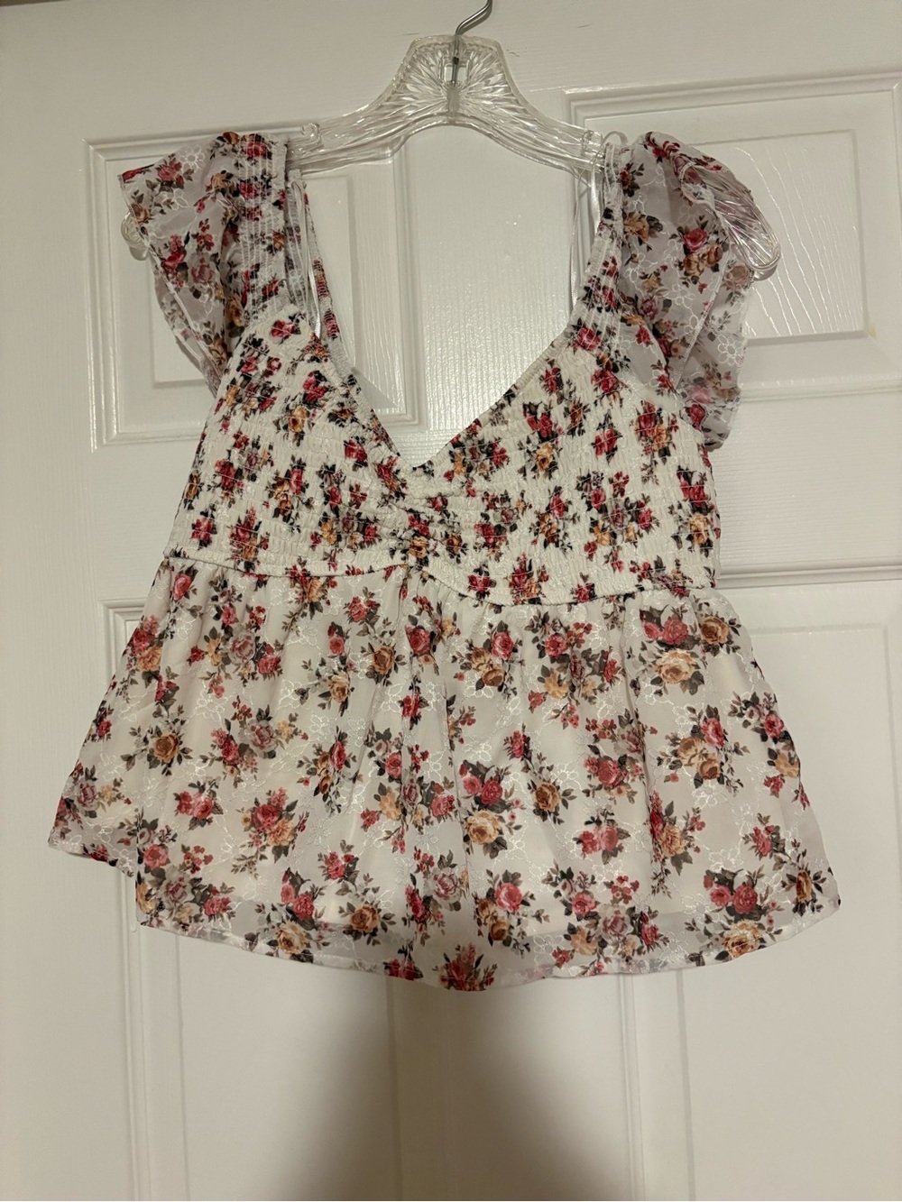 Windsor White Floral Smocked Babydoll Top with Pink & Brown Roses